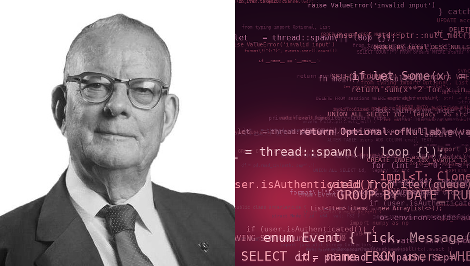 W. Edwards Deming alongside an AI-generated composition of binary code